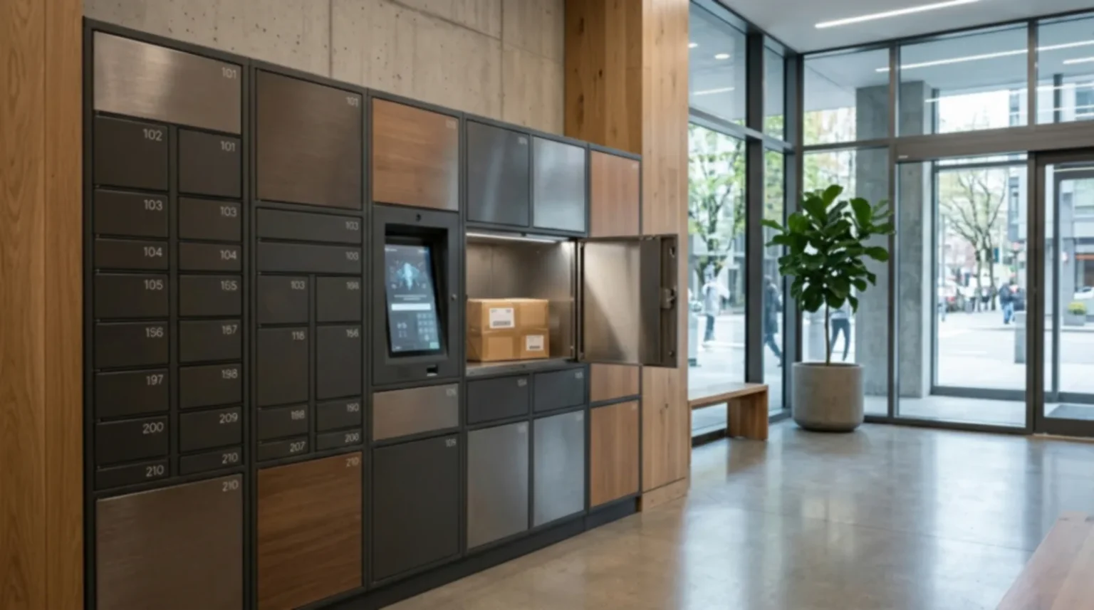 Smart parcel locker system in an apartment building lobby